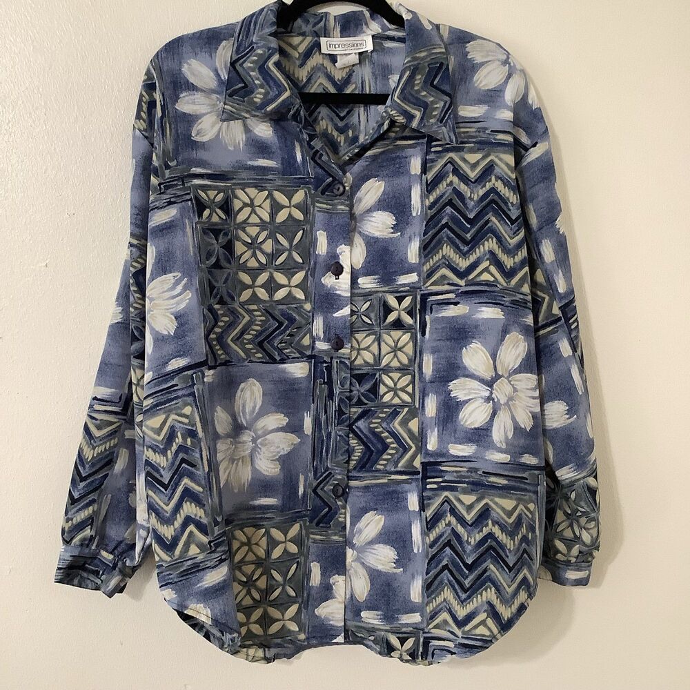 Vintage 90s Blue Tropical Hawaiian Vacation Oversized Boho Button Up Shirt Sz 14